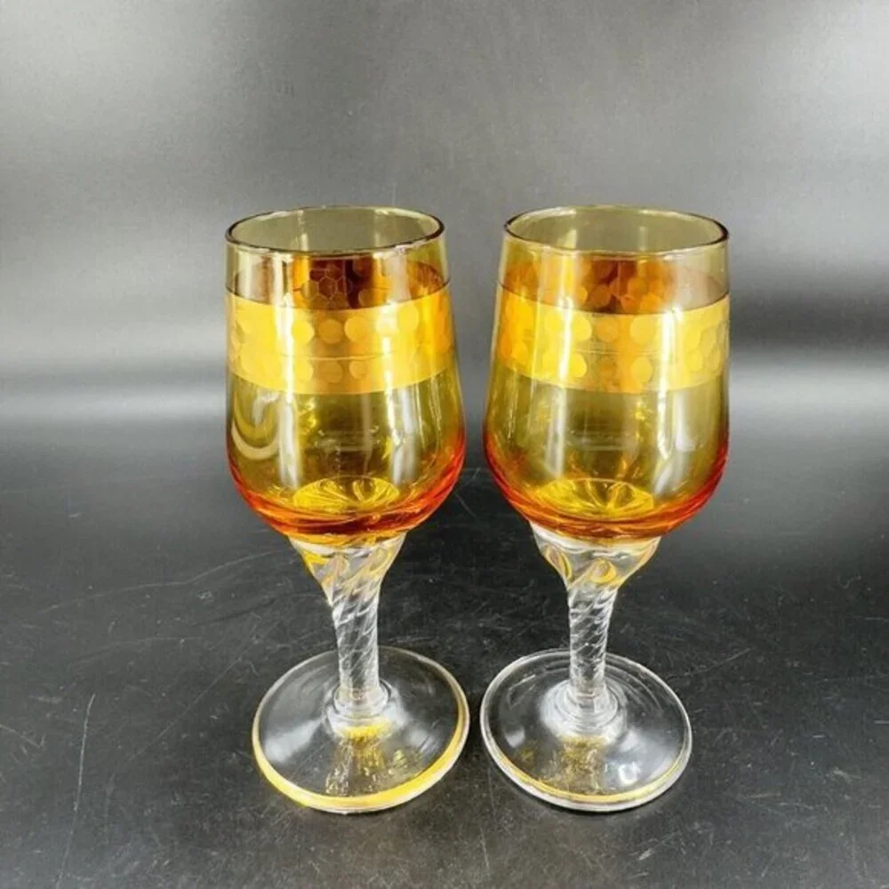 Vintage Czech Bohemian Small‎ Goblet Drinking Glasses Set 2 Amber Clear Bottom